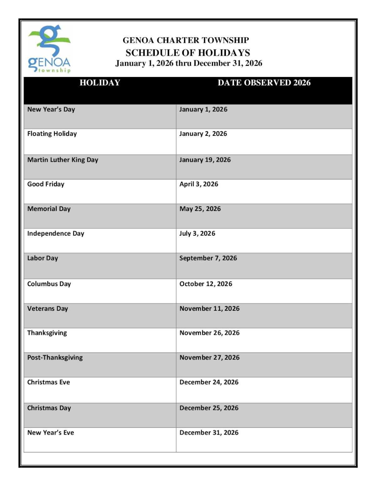 2026 Genoa Township Holiday Schedule